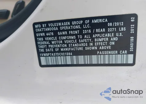 2013 Volkswagen Passat 2.5L Se из США, поврежденный, VIN 1VWBP7A37DC021564